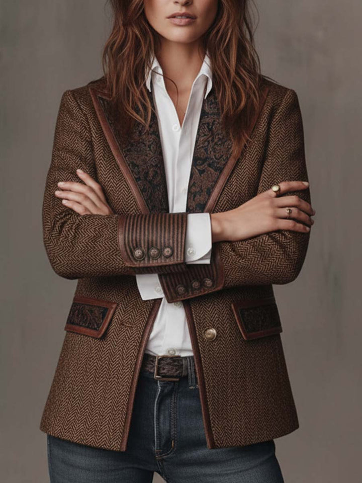Herringbone Tweed Blazer With Printed Panels