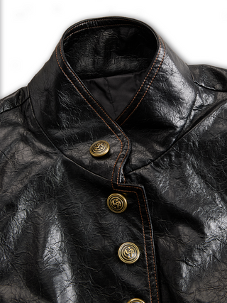 Retro Stand Collar Metal Button Pu Jacket