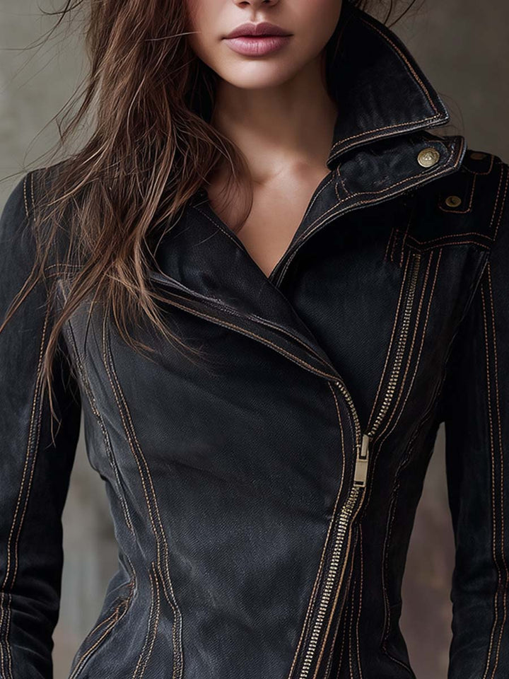Vintage Washed Denim Moto Jacket – Charcoal Edge
