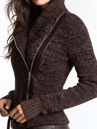 Brown Asymmetrical Zip Ribbed Knit Jacket