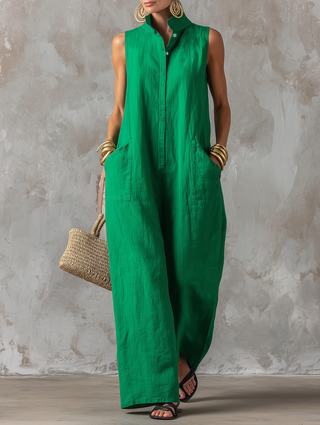 Women's Minimalist Loose-Fit Linen-Blend Jumpsuit — Stand Collar, Sleeveless, Single-Breasted MDZ2928D6Y