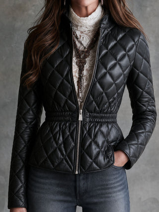 Quiet Luxury Stand Collar Diamond Quilted Faux Leather Jacket With Elastic Waist