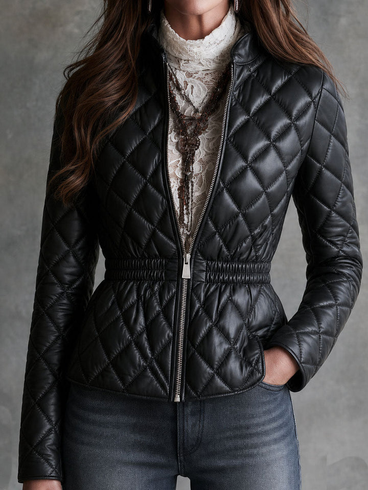 Quiet Luxury Stand Collar Diamond Quilted Faux Leather Jacket With Elastic Waist