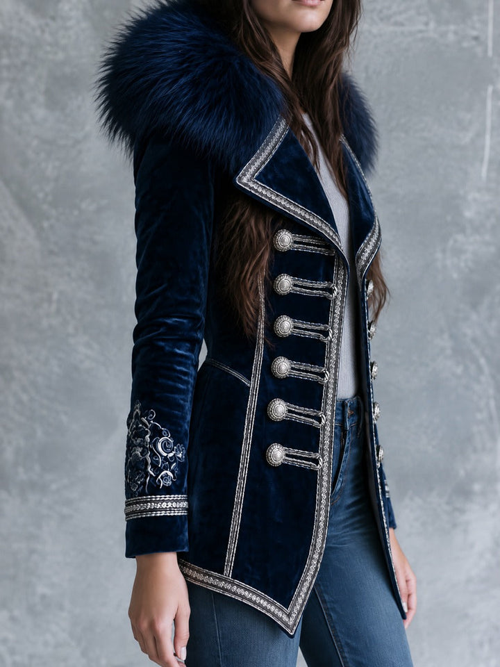 Vintage Faux Fur Collar Navy Velvet Embroidered Cuffs Jacket With Silver Braided Trim