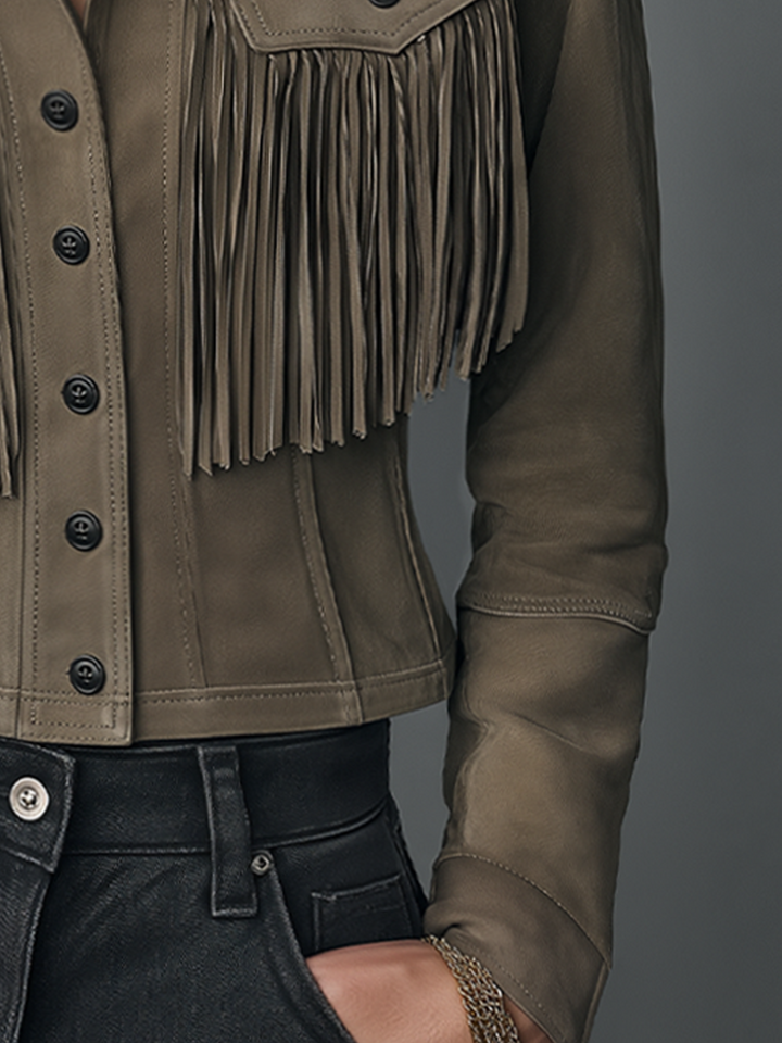 Western Taupe Suede Fringe Button-Up Jacket