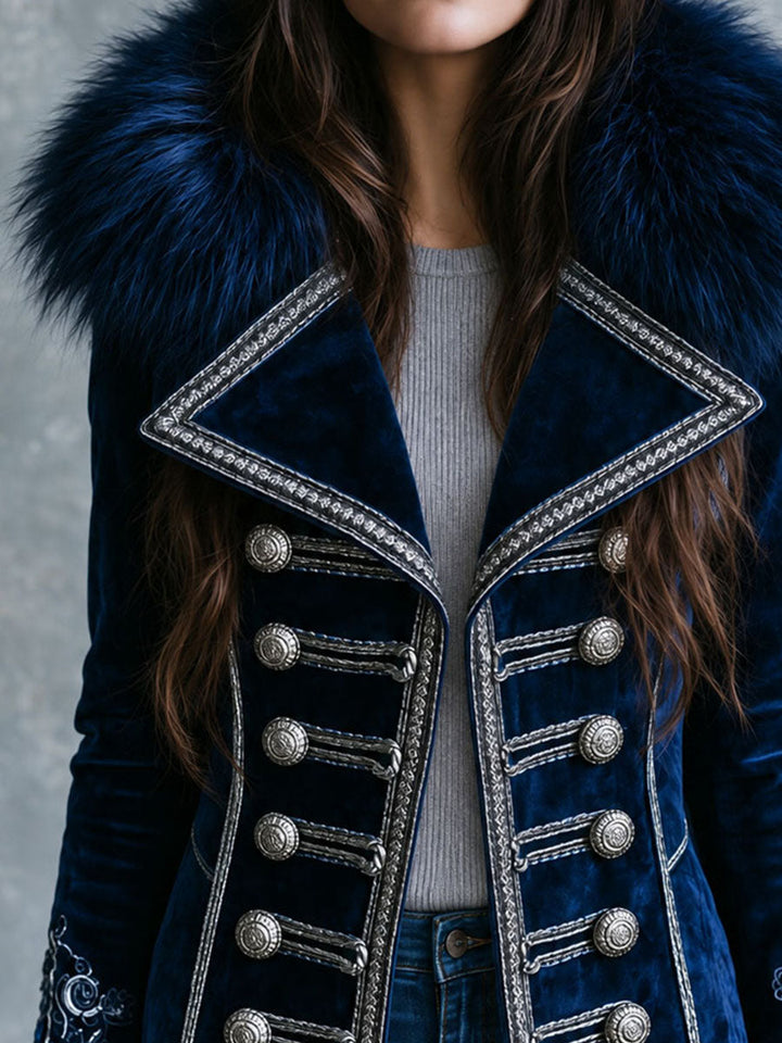 Vintage Faux Fur Collar Navy Velvet Embroidered Cuffs Jacket With Silver Braided Trim