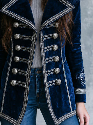 Vintage Faux Fur Collar Navy Velvet Embroidered Cuffs Jacket With Silver Braided Trim