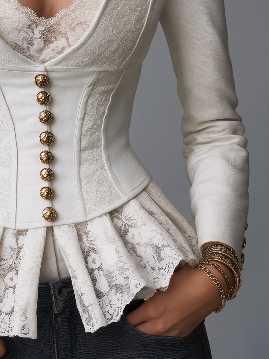 Romantic Ivory Lace Panel Peplum Tailored Blazer