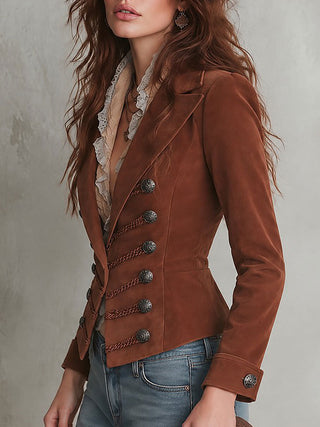 Retro Rust Brown Faux Suede Military Jacket with Cable-knit Webbing