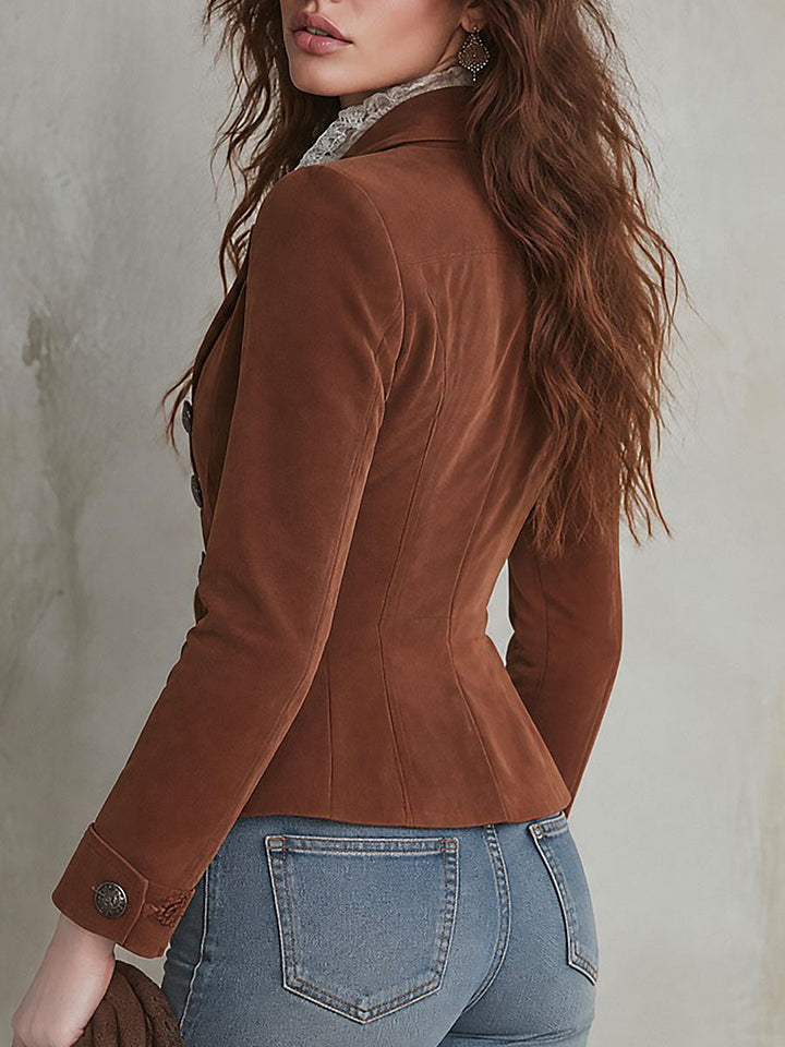 Retro Rust Brown Faux Suede Military Jacket with Cable-knit Webbing