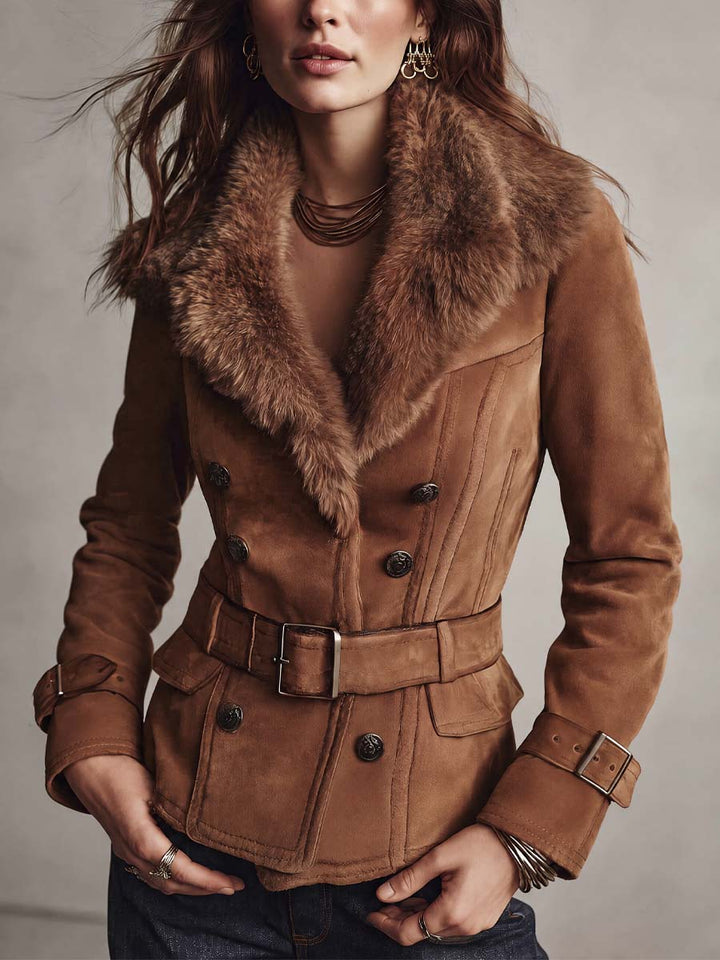 Women's Caramel Brown Suede-Look Belted Double-Breasted Jacket with Faux Fur Collar