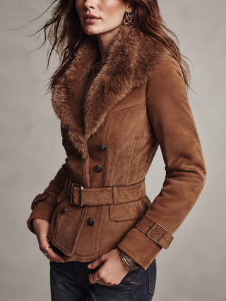 Women's Caramel Brown Suede-Look Belted Double-Breasted Jacket with Faux Fur Collar