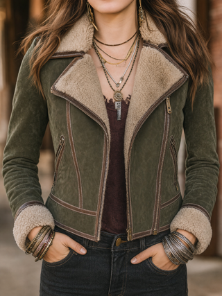 Vintage Faux Suede Moto Jacket With Faux Shearling Lapel