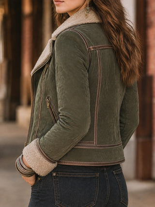 Vintage Faux Suede Moto Jacket With Faux Shearling Lapel