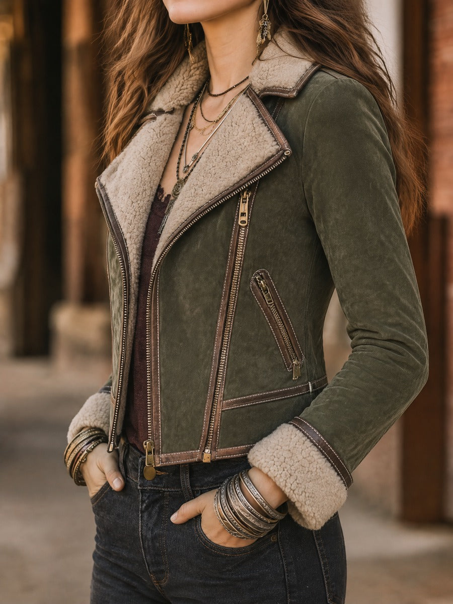 Vintage Faux Suede Moto Jacket With Faux Shearling Lapel