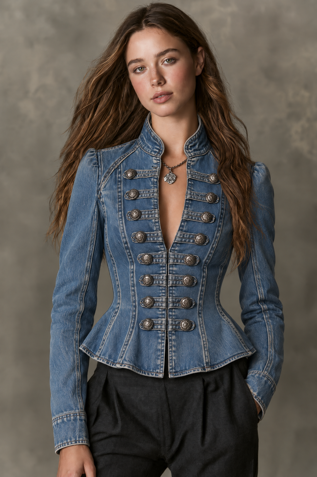 Vintage Stand Collar Denim Metal Buttons Fitted Jacket