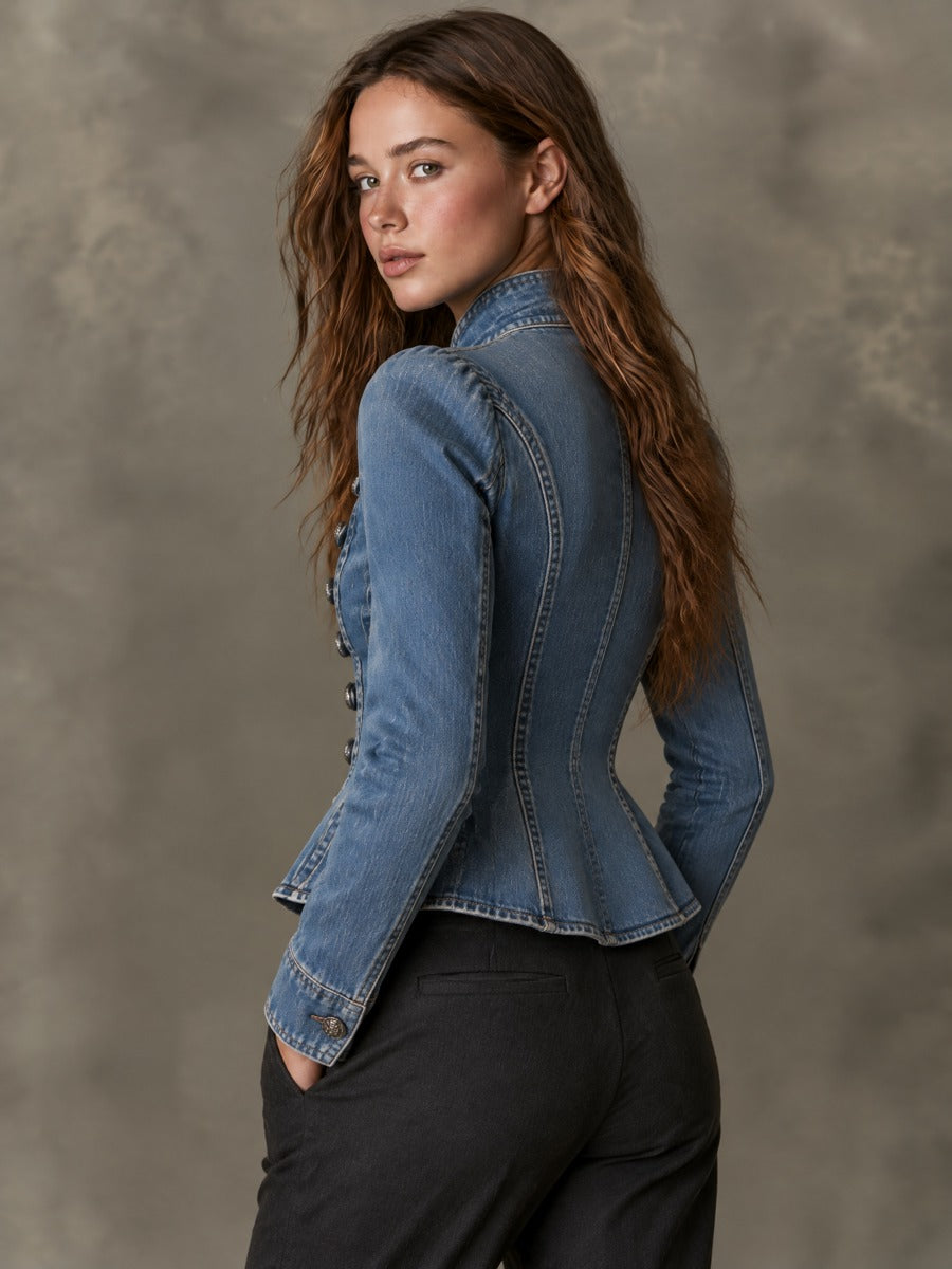 Vintage Stand Collar Denim Metal Buttons Fitted Jacket