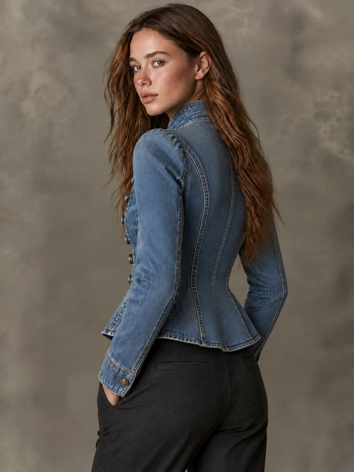 Vintage Stand Collar Denim Metal Buttons Fitted Jacket