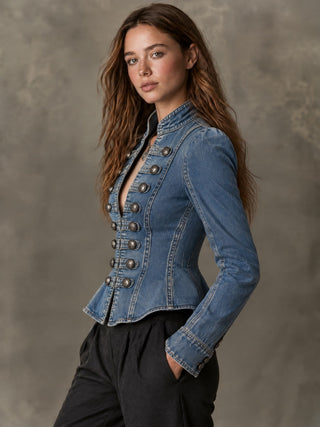 Vintage Stand Collar Denim Metal Buttons Fitted Jacket