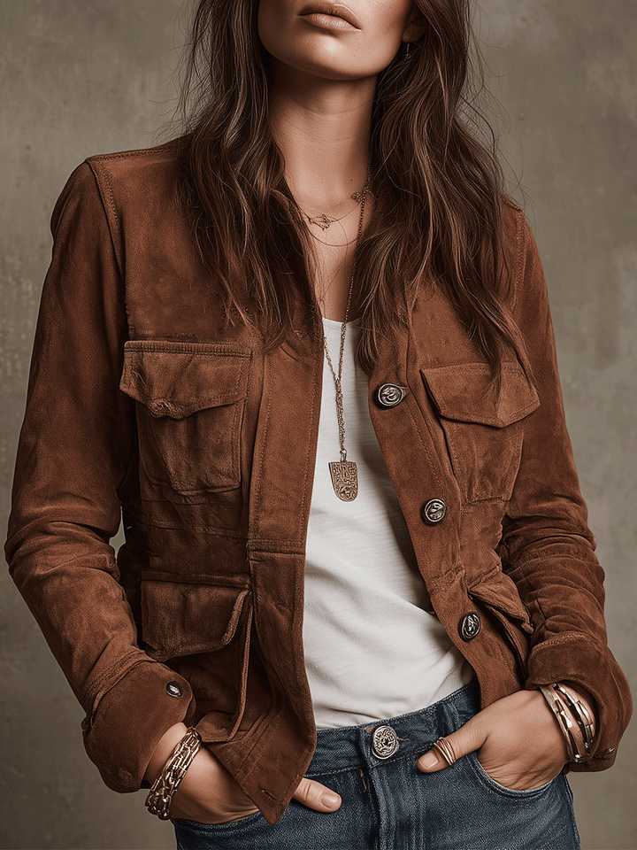 Vintage Brown Suede Utility Jacket