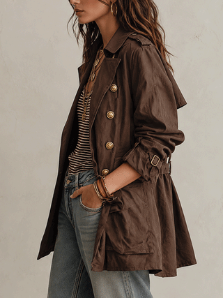 Utility Chic Cotton-Twill Double-Breasted Belted Chocolate Brown Trench Coat
