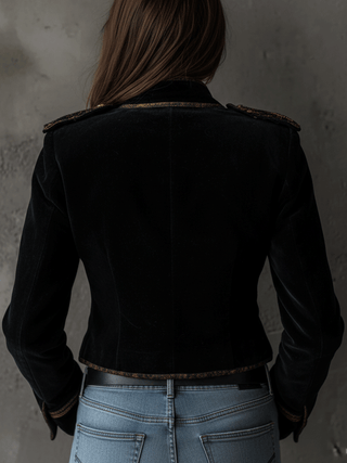 Retro Black Velvet Military Gold Button Detailing Blazer