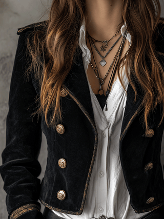 Retro Black Velvet Military Gold Button Detailing Blazer