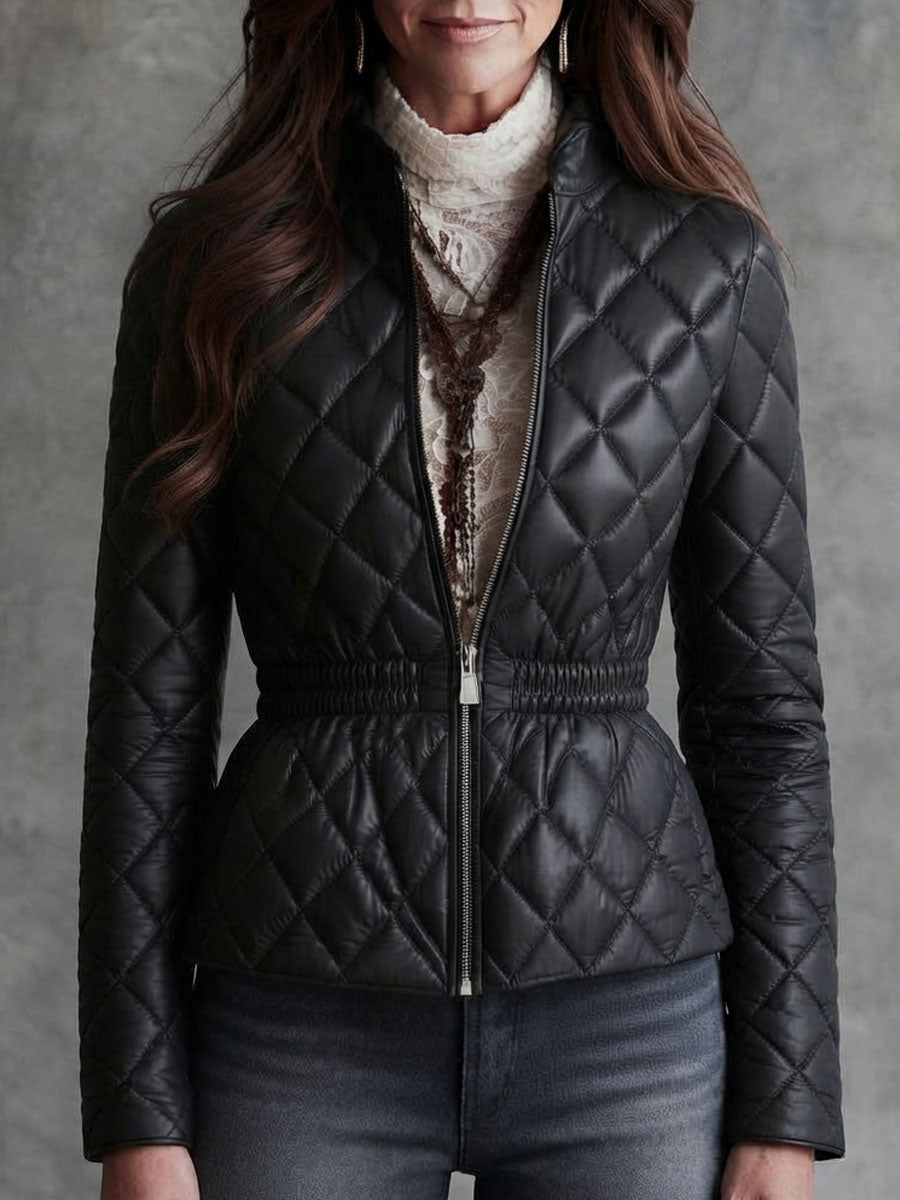 Quiet Luxury Stand Collar Diamond Quilted Faux Leather Jacket With Elastic Waist