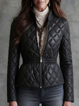 Quiet Luxury Stand Collar Diamond Quilted Faux Leather Jacket With Elastic Waist