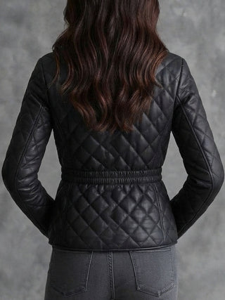 Quiet Luxury Stand Collar Diamond Quilted Faux Leather Jacket With Elastic Waist