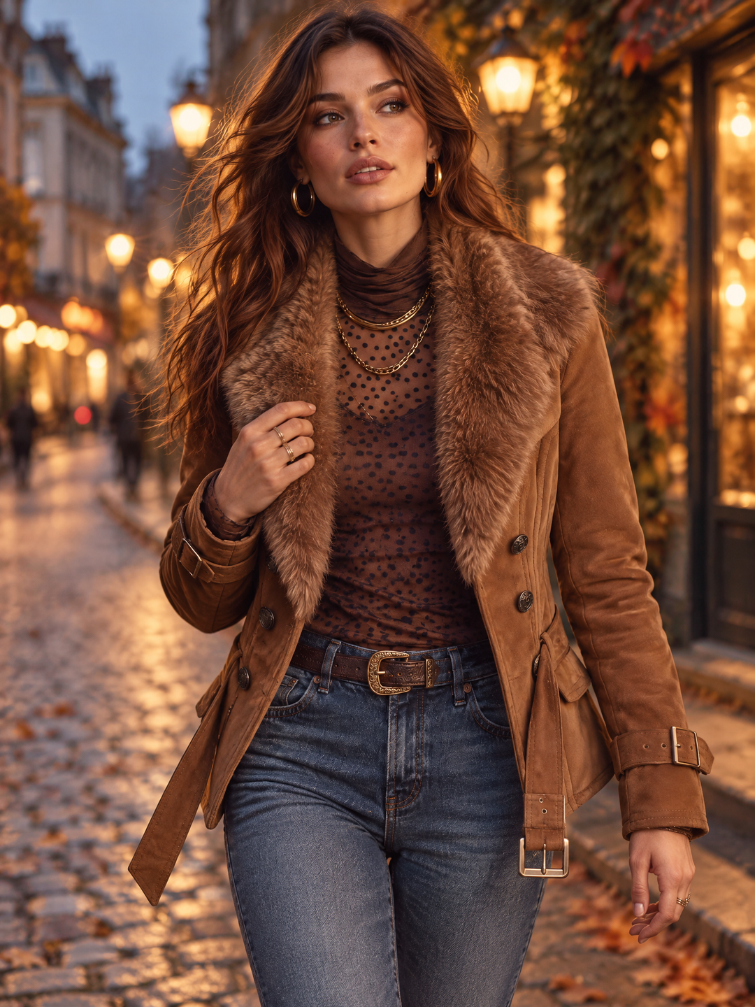 Women's Caramel Brown Suede-Look Belted Double-Breasted Jacket with Faux Fur Collar