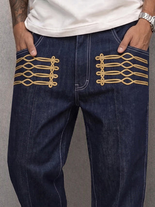 Casual Gold Frogged Detail Faux Denim Pants