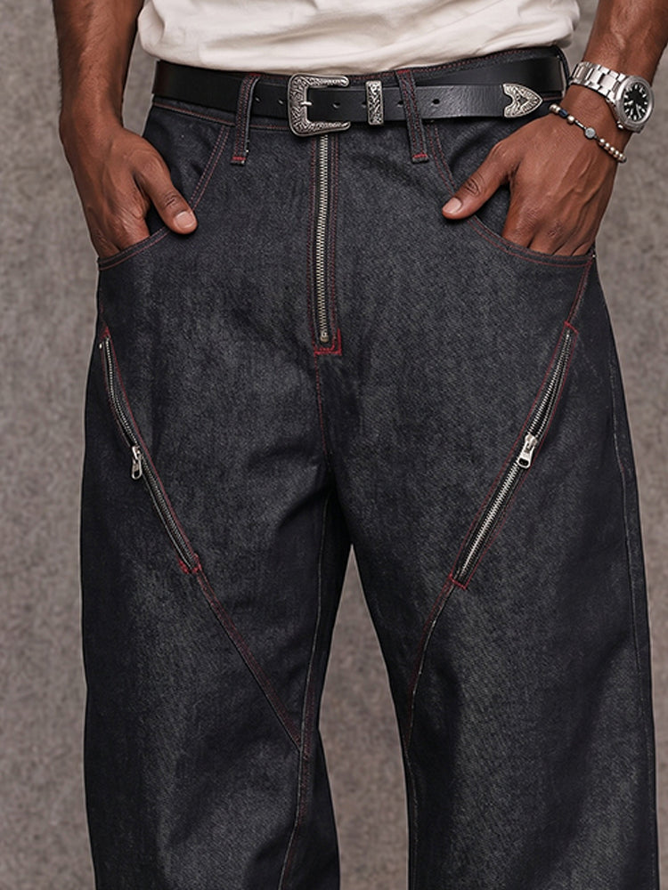 Urban Streetwear Contrast Stitch Jeans with Zip Detail