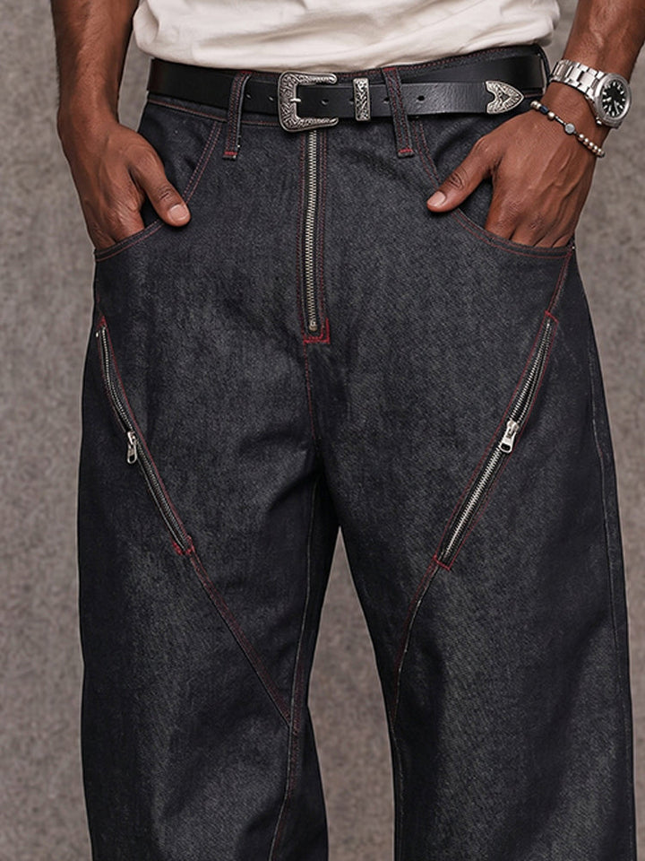 Urban Streetwear Contrast Stitch Jeans with Zip Detail
