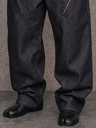 Urban Streetwear Contrast Stitch Jeans with Zip Detail