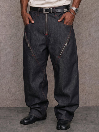 Urban Streetwear Contrast Stitch Jeans with Zip Detail