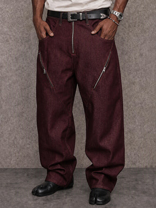 Urban Streetwear Contrast Stitch Jeans with Zip Detail
