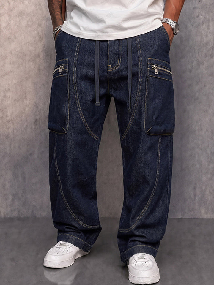 Casual Relaxed Fit Zip Pocket Cargo Jeans
