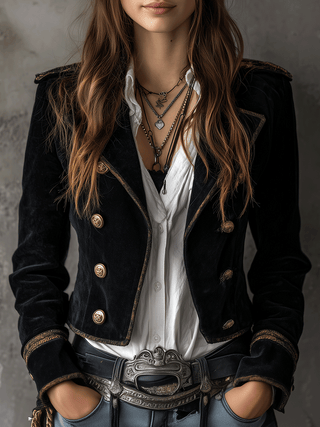 Retro Black Velvet Military Gold Button Detailing Blazer