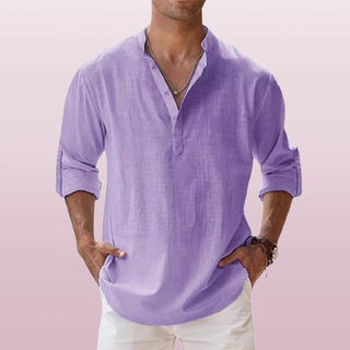 Caleb | Men's Linen Long Sleeve Grandad Collar Shirt