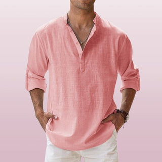 Caleb | Men's Linen Long Sleeve Grandad Collar Shirt