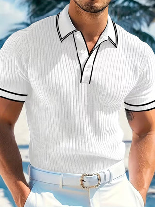 Alexander | Men's Ribbed Knit Contrast-Trim Short-Sleeve Polo Shirt