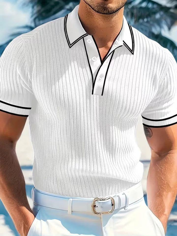 Alexander | Men's Ribbed Knit Contrast-Trim Short-Sleeve Polo Shirt