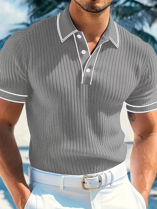 Alexander | Men's Ribbed Knit Contrast-Trim Short-Sleeve Polo Shirt
